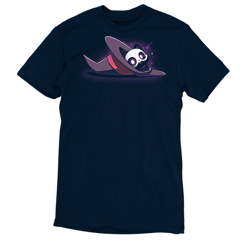 Premium Cotton T-shirt_TeeTurtle navy blue Hocus Purrcus apparel featuring a black cat with a skeleton mask peeking out of a purple witch hat lying on its side.