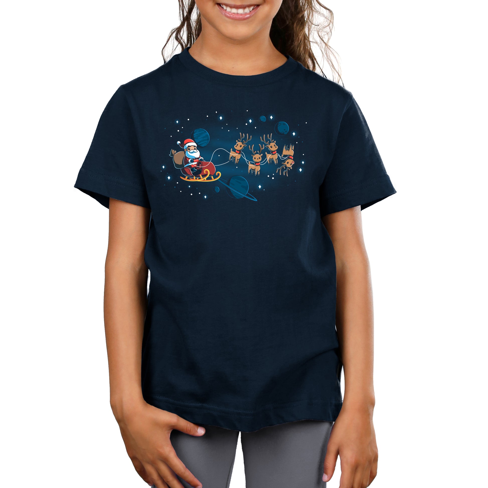 Premium Cotton T-shirt_TeeTurtle navy blue Houston, We Have a Santa apparel featuring Santa Claus on a sleigh with his reindeer floating in space with plants and stars in the background.