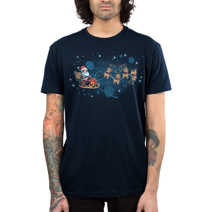 Premium Cotton T-shirt_TeeTurtle navy blue Houston, We Have a Santa apparel featuring Santa Claus on a sleigh with his reindeer floating in space with plants and stars in the background.
