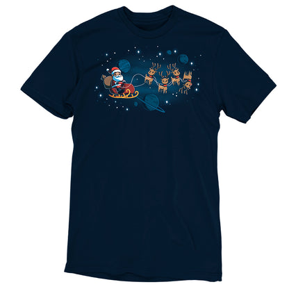 Premium Cotton T-shirt_TeeTurtle navy blue Houston, We Have a Santa apparel featuring Santa Claus on a sleigh with his reindeer floating in space with plants and stars in the background.