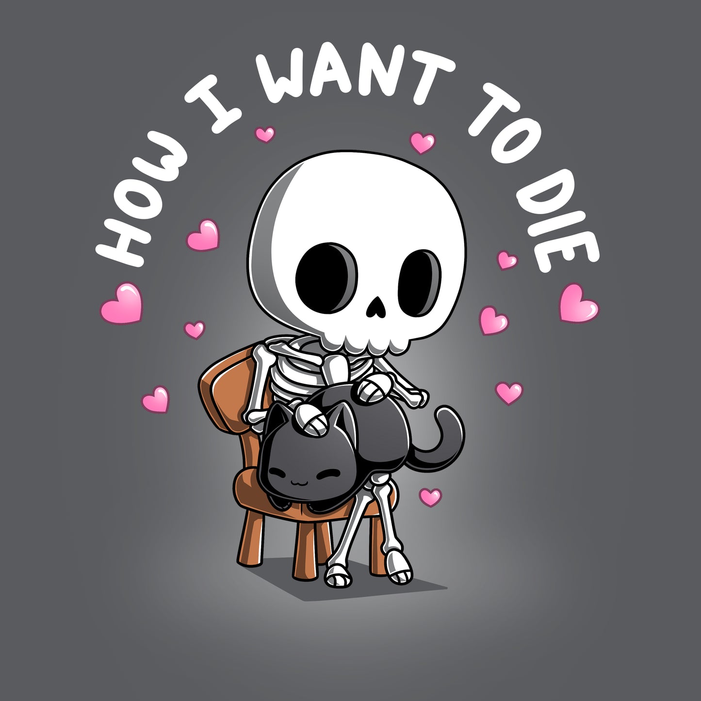 Premium Cotton T-shirt_TeeTurtle charcoal gray How I Want To Die apparel featuring a skeleton sitting on a chair petting a black cat surrounded by pink hearts with the caption, "How I Want To Die".