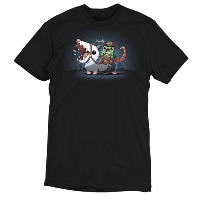 Premium Cotton T-shirt_TeeTurtle black Howdy apparel featuring an frog wearing a cowboy outfit riding an opossum like a horse.