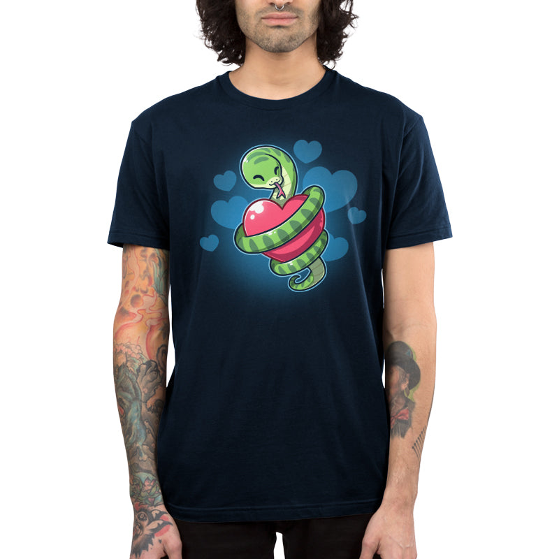 Premium Cotton T-shirt_TeeTurtle navy blue Hugs and Hisses apparel featuring a green snake coiled around a red heart with blue hearts in the background.