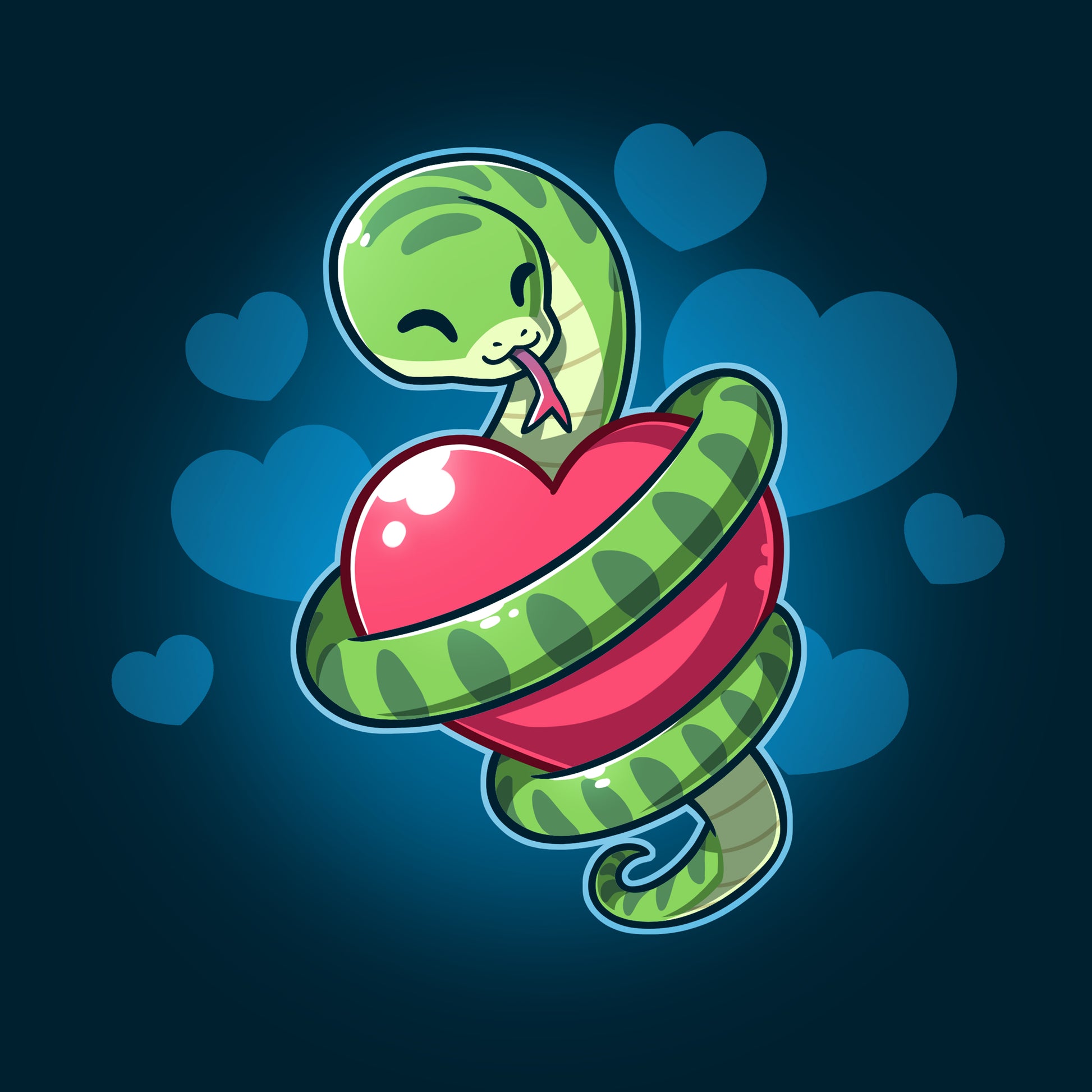 Premium Cotton T-shirt_TeeTurtle navy blue Hugs and Hisses apparel featuring a green snake coiled around a red heart with blue hearts in the background.