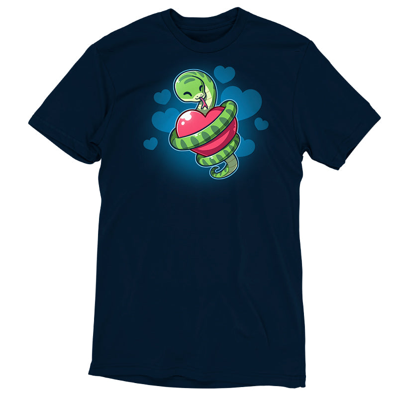 Premium Cotton T-shirt_TeeTurtle navy blue Hugs and Hisses apparel featuring a green snake coiled around a red heart with blue hearts in the background.