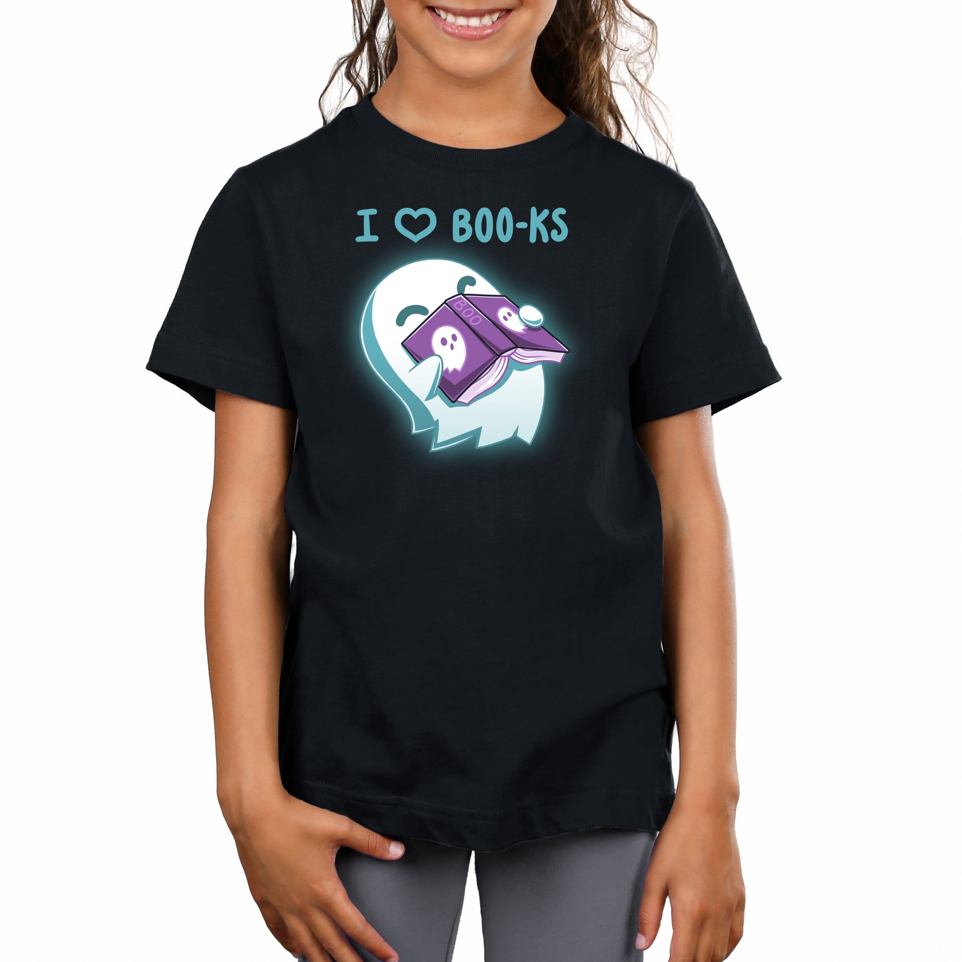 Premium Cotton T-shirt_TeeTurtle black I Heart Boo-ks apparel featuring a happy ghost inhaling the scent of a book with the caption, "I <3 Boo-ks".