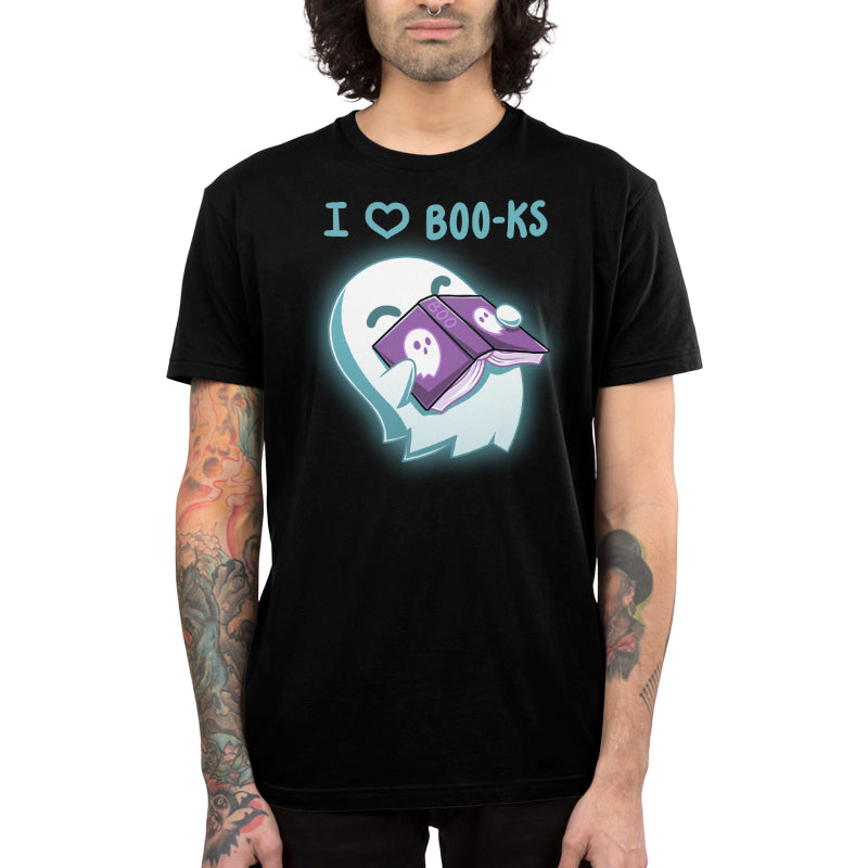 Premium Cotton T-shirt_TeeTurtle black I Heart Boo-ks apparel featuring a happy ghost inhaling the scent of a book with the caption, "I <3 Boo-ks".