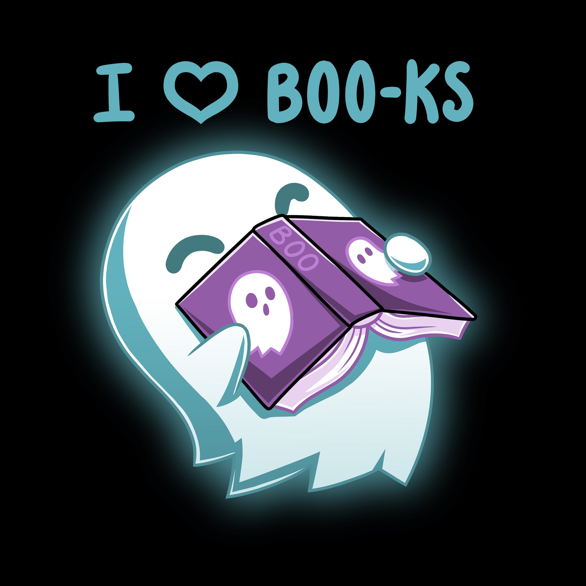 Premium Cotton T-shirt_TeeTurtle black I Heart Boo-ks apparel featuring a happy ghost inhaling the scent of a book with the caption, "I <3 Boo-ks".