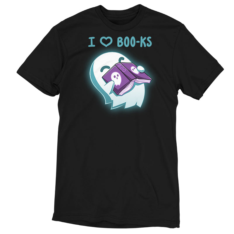 Premium Cotton T-shirt_TeeTurtle black I Heart Boo-ks apparel featuring a happy ghost inhaling the scent of a book with the caption, "I <3 Boo-ks".