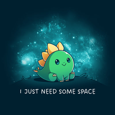 Premium Cotton T-shirt_TeeTurtle navy blue I Just Need Some Space apparel featuring a stegosaurus sitting on top of a hill alone with constellations in the background.