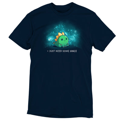 Premium Cotton T-shirt_TeeTurtle navy blue I Just Need Some Space apparel featuring a stegosaurus sitting on top of a hill alone with constellations in the background.