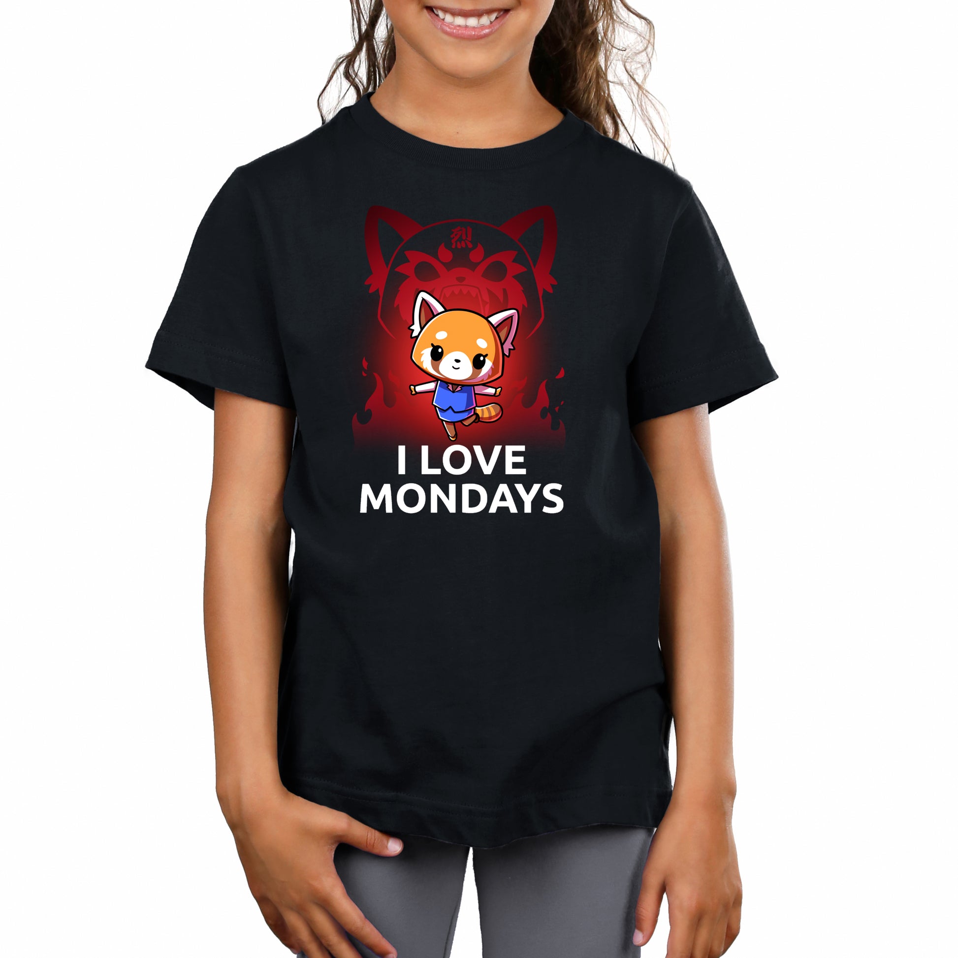 Premium Cotton T-shirt_TeeTurtle black I Love Mondays apparel featuring Retsuko in a happy pose with a red enraged spirit projection of her in the background, and the caption, “I Love Mondays“.