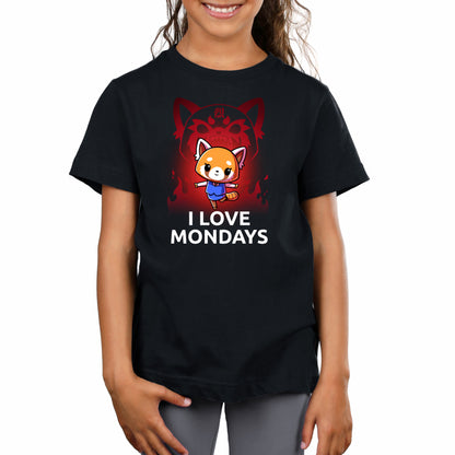 Premium Cotton T-shirt_TeeTurtle black I Love Mondays apparel featuring Retsuko in a happy pose with a red enraged spirit projection of her in the background, and the caption, “I Love Mondays“.