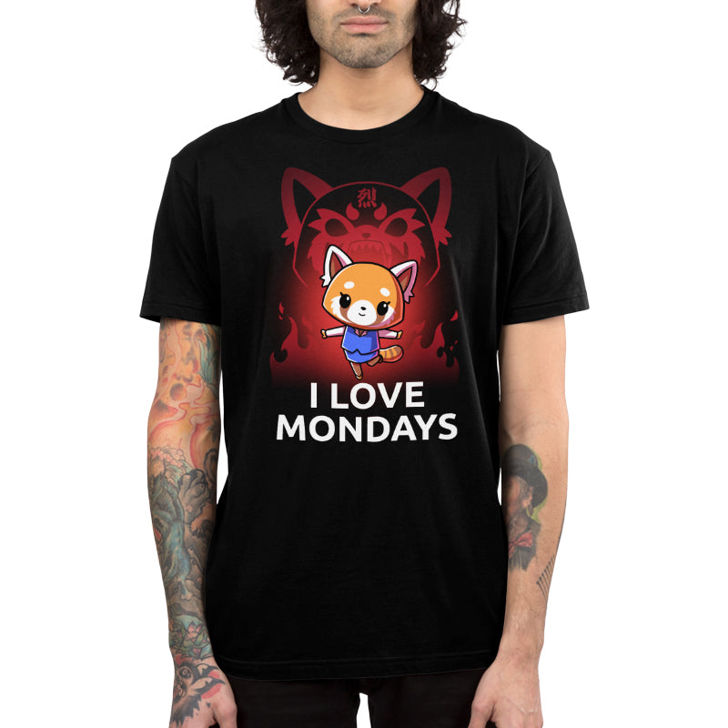 Premium Cotton T-shirt_TeeTurtle black I Love Mondays apparel featuring Retsuko in a happy pose with a red enraged spirit projection of her in the background, and the caption, “I Love Mondays“.