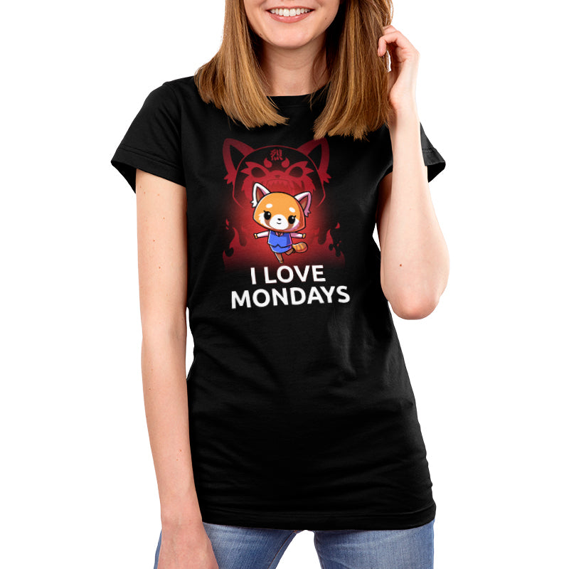 Premium Cotton T-shirt_TeeTurtle black I Love Mondays apparel featuring Retsuko in a happy pose with a red enraged spirit projection of her in the background, and the caption, “I Love Mondays“.