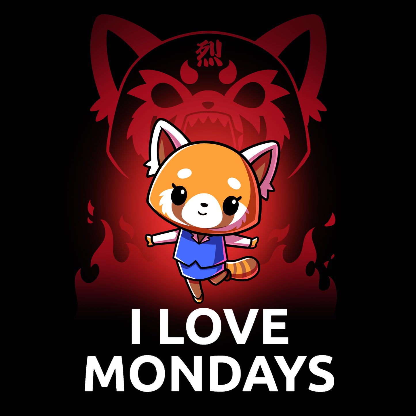 Premium Cotton T-shirt_TeeTurtle black I Love Mondays apparel featuring Retsuko in a happy pose with a red enraged spirit projection of her in the background, and the caption, “I Love Mondays“.