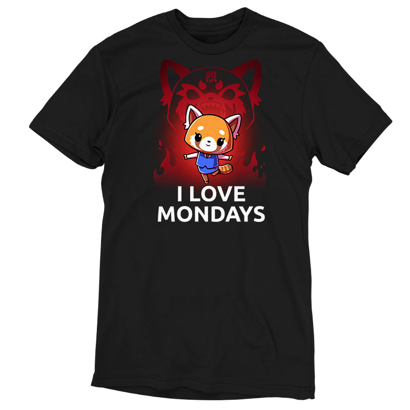 Premium Cotton T-shirt_TeeTurtle black I Love Mondays apparel featuring Retsuko in a happy pose with a red enraged spirit projection of her in the background, and the caption, “I Love Mondays“.