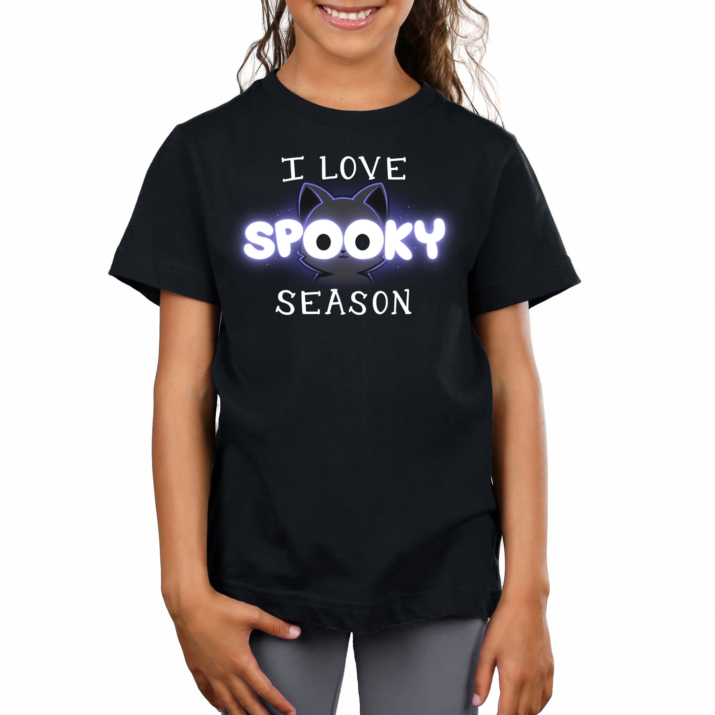 Premium Cotton T-shirt_TeeTurtle black I Love Spooky Season apparel featuring the caption, "I Love Spooky Season" with the two Os formed by the large eyes of a black cat.