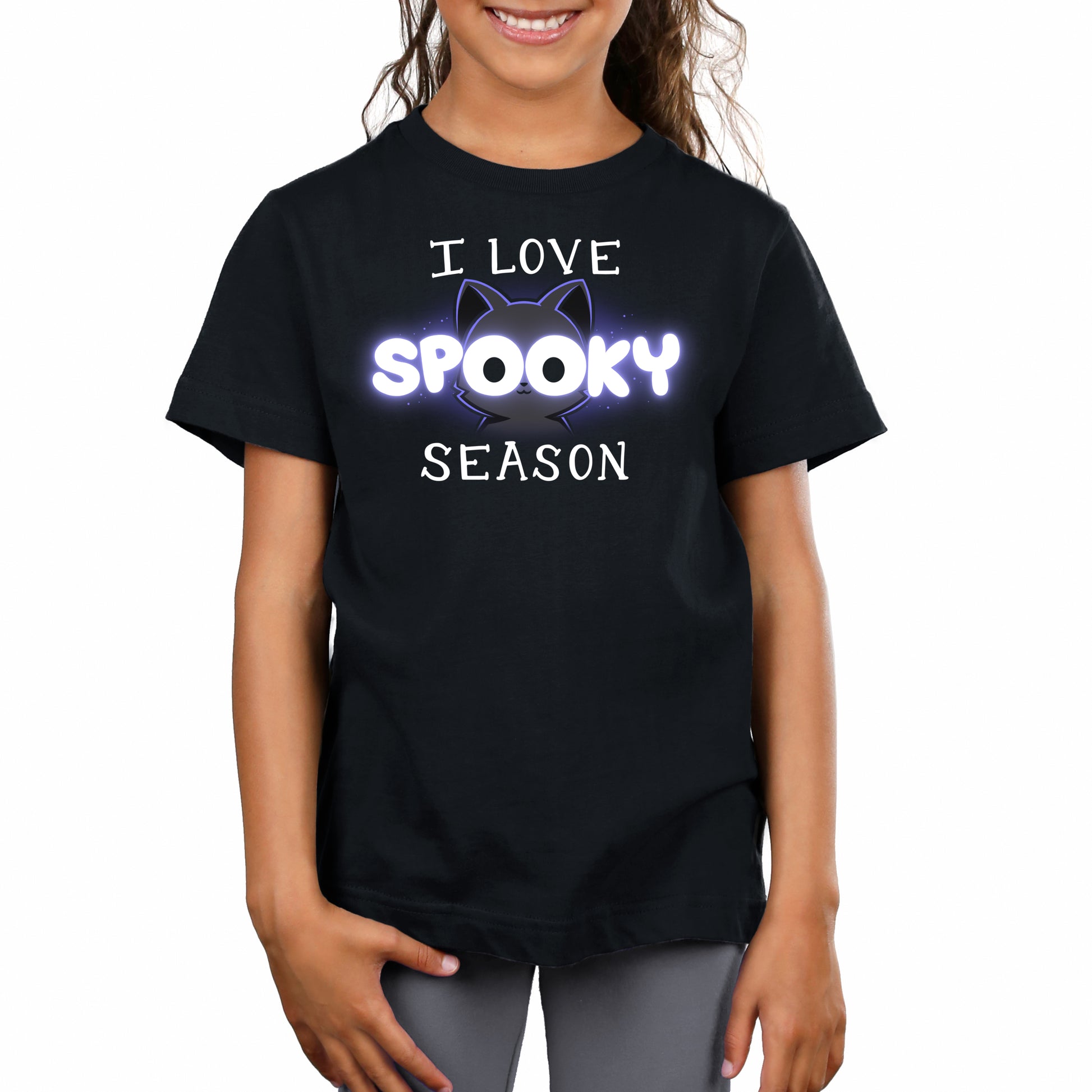 Premium Cotton T-shirt_TeeTurtle black I Love Spooky Season apparel featuring the caption, "I Love Spooky Season" with the two Os formed by the large eyes of a black cat.