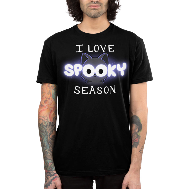 Premium Cotton T-shirt_TeeTurtle black I Love Spooky Season apparel featuring the caption, "I Love Spooky Season" with the two Os formed by the large eyes of a black cat.