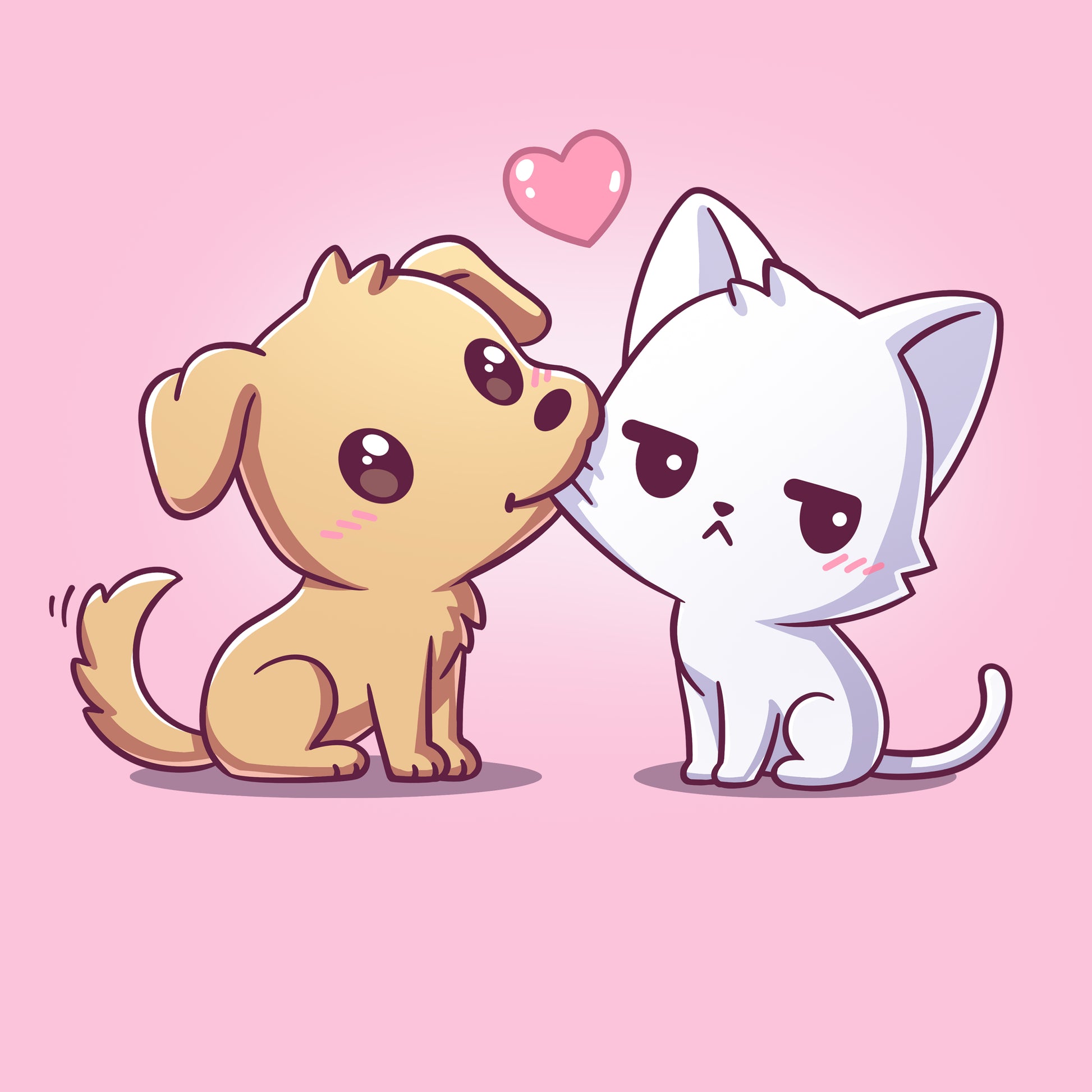 Premium Cotton T-shirt_TeeTurtle light pink I Woof You apparel featuring a dog tugging on a grumpy cat's cheek with its mouth.