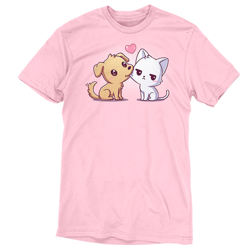 Premium Cotton T-shirt_TeeTurtle light pink I Woof You apparel featuring a dog tugging on a grumpy cat's cheek with its mouth.