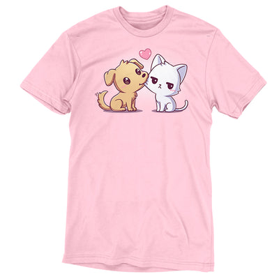Premium Cotton T-shirt_TeeTurtle light pink I Woof You apparel featuring a dog tugging on a grumpy cat's cheek with its mouth.