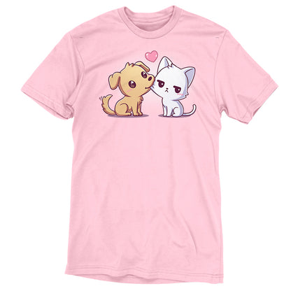 Premium Cotton T-shirt_TeeTurtle light pink I Woof You apparel featuring a dog tugging on a grumpy cat's cheek with its mouth.