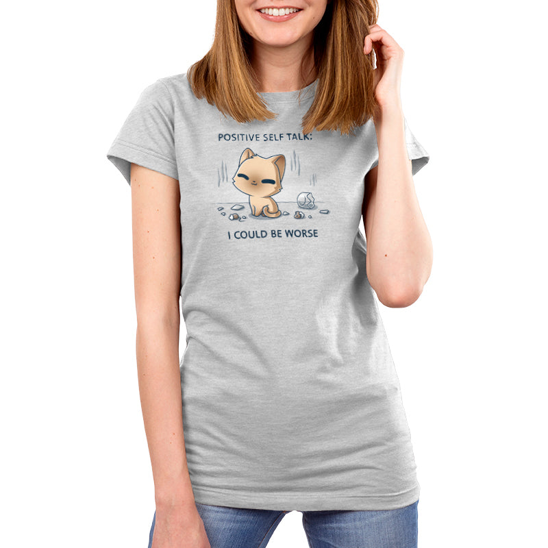Women's Premium T-Shirt_TeeTurtle light gray I Could Be Worse Women's Premium T-Shirt featuring a content orange cat sitting beside a shattered vase with the text "Positive Self Talk: I Could Be Worse."