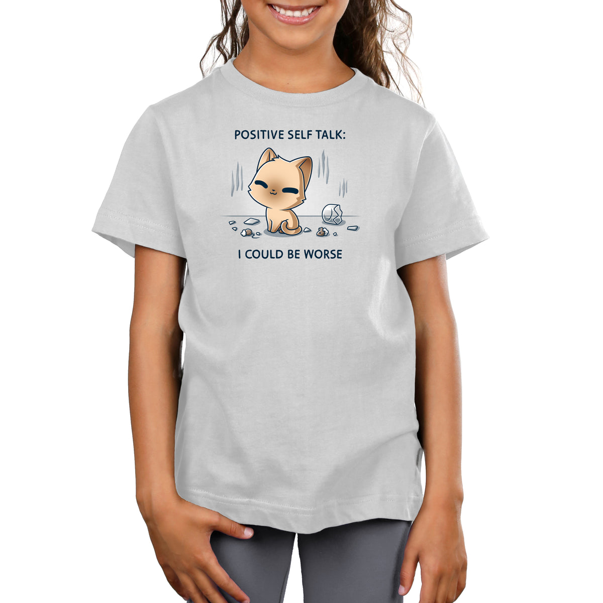 Kids' Classic T-Shirt_TeeTurtle light gray I Could Be Worse Kids' Classic T-Shirt featuring a content orange cat sitting beside a shattered vase with the text "Positive Self Talk: I Could Be Worse."