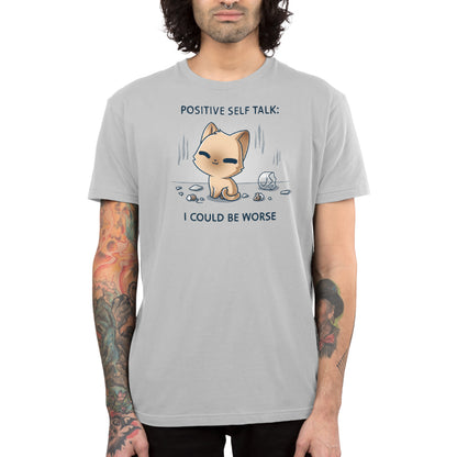 Men's Premium T-Shirt_TeeTurtle light gray I Could Be Worse Men's Premium T-Shirt featuring a content orange cat sitting beside a shattered vase with the text "Positive Self Talk: I Could Be Worse."