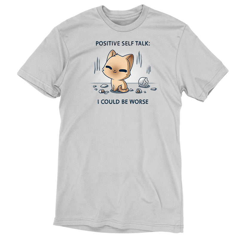 Men's Premium T-Shirt_TeeTurtle light gray I Could Be Worse Men's Premium T-Shirt featuring a content orange cat sitting beside a shattered vase with the text "Positive Self Talk: I Could Be Worse."