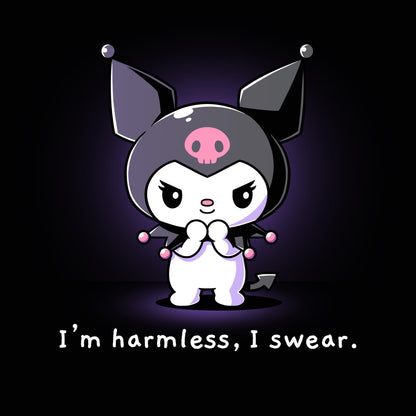 Premium Cotton T-shirt_TeeTurtle black I'm Harmless, I Swear apparel featuring Kuromi with a mischievous expression and her paws clasped together underneath her chin with the bottom caption, “I'm Harmless, I Swear.“.