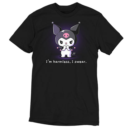 Premium Cotton T-shirt_TeeTurtle black I'm Harmless, I Swear apparel featuring Kuromi with a mischievous expression and her paws clasped together underneath her chin with the bottom caption, “I'm Harmless, I Swear.“.