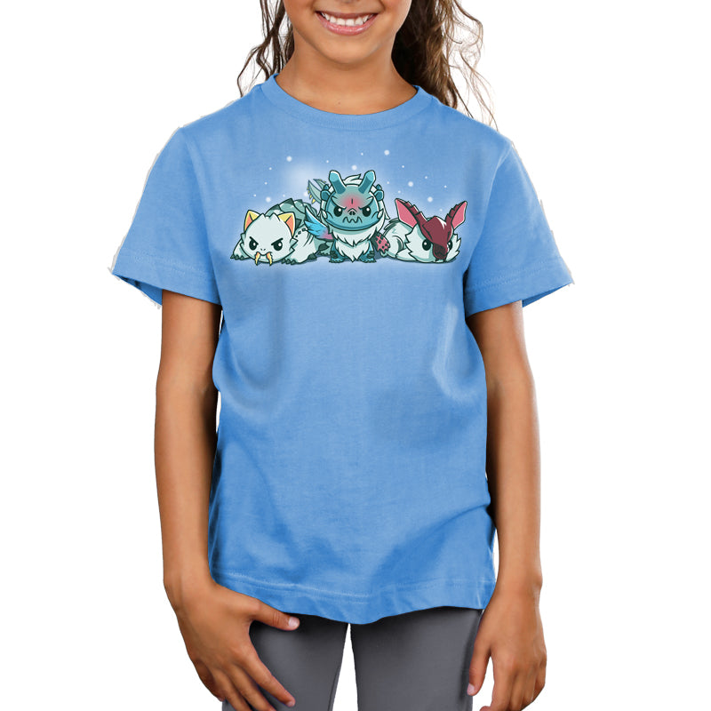 Premium Cotton T-shirt_TeeTurtle light blue apparel featuring Lagombi, Goss Harag, and Barioth from Monster Hunter with snowflakes gently raining down.
