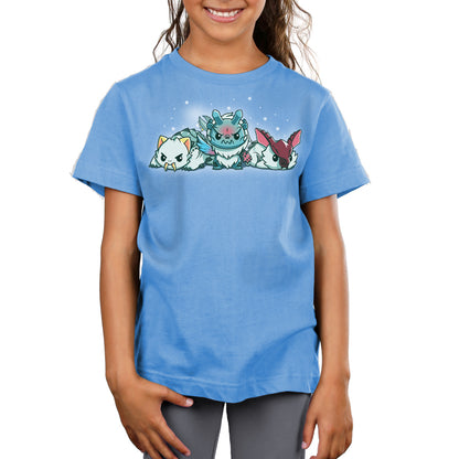 Premium Cotton T-shirt_TeeTurtle light blue apparel featuring Lagombi, Goss Harag, and Barioth from Monster Hunter with snowflakes gently raining down.