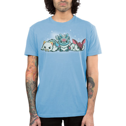 Premium Cotton T-shirt_TeeTurtle light blue apparel featuring Lagombi, Goss Harag, and Barioth from Monster Hunter with snowflakes gently raining down.
