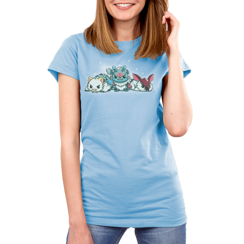 Premium Cotton T-shirt_TeeTurtle light blue apparel featuring Lagombi, Goss Harag, and Barioth from Monster Hunter with snowflakes gently raining down.
