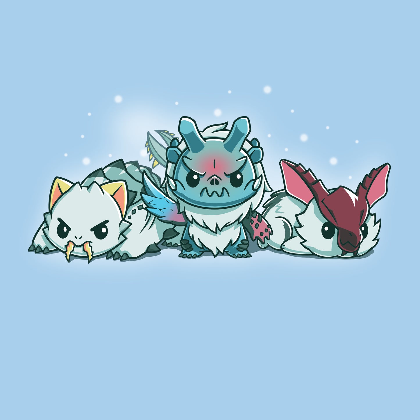 Premium Cotton T-shirt_TeeTurtle light blue apparel featuring Lagombi, Goss Harag, and Barioth from Monster Hunter with snowflakes gently raining down.