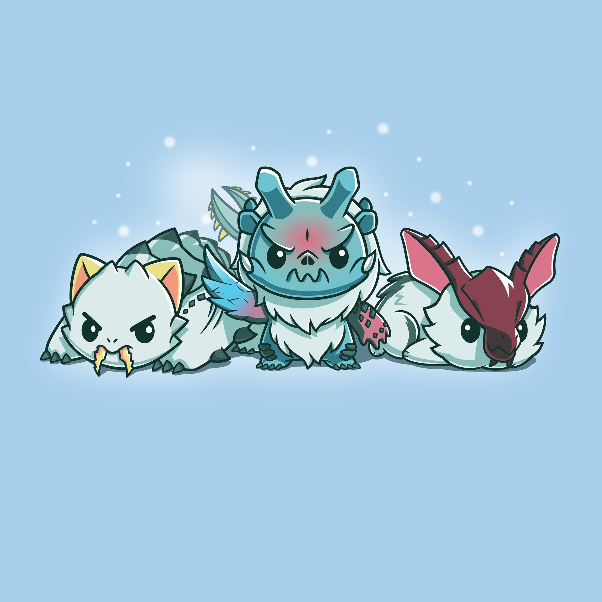 Premium Cotton T-shirt_TeeTurtle light blue apparel featuring Lagombi, Goss Harag, and Barioth from Monster Hunter with snowflakes gently raining down.