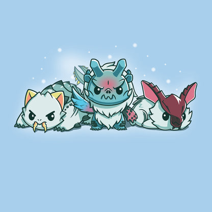 Premium Cotton T-shirt_TeeTurtle light blue apparel featuring Lagombi, Goss Harag, and Barioth from Monster Hunter with snowflakes gently raining down.