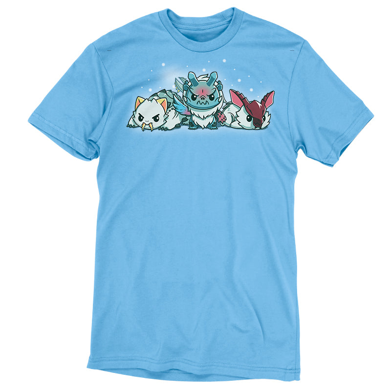Premium Cotton T-shirt_TeeTurtle light blue apparel featuring Lagombi, Goss Harag, and Barioth from Monster Hunter with snowflakes gently raining down.