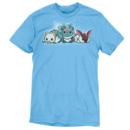Premium Cotton T-shirt_TeeTurtle light blue apparel featuring Lagombi, Goss Harag, and Barioth from Monster Hunter with snowflakes gently raining down.