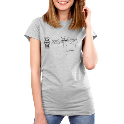 Premium Cotton T-shirt_TeeTurtle silver gray Jim Henson Signature Collection apparel featuring four sketches of muppet-like creatures with Jim Henson’s signature on the bottom righthand corner.