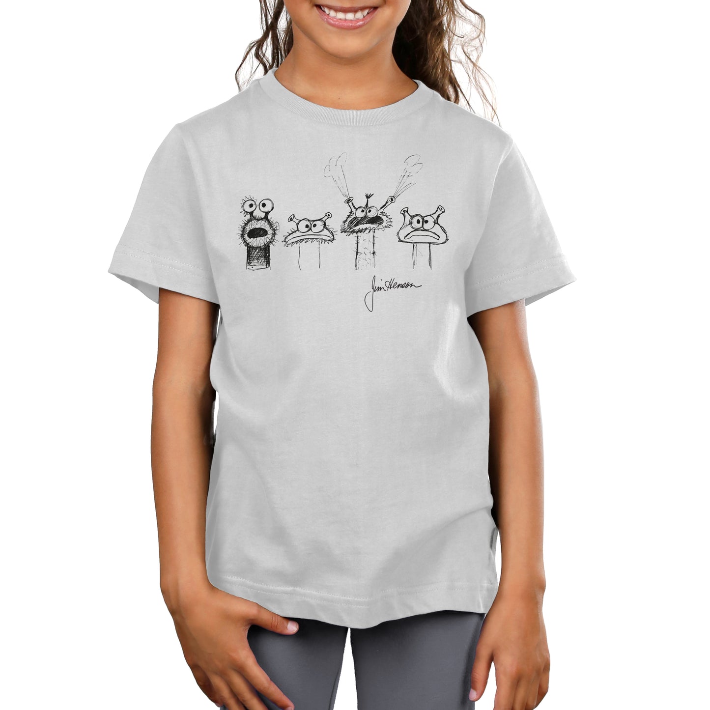 Premium Cotton T-shirt_TeeTurtle silver gray Jim Henson Signature Collection apparel featuring four sketches of muppet-like creatures with Jim Henson’s signature on the bottom righthand corner.