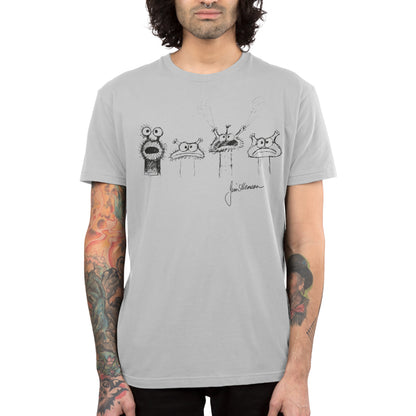 Premium Cotton T-shirt_TeeTurtle silver gray Jim Henson Signature Collection apparel featuring four sketches of muppet-like creatures with Jim Henson’s signature on the bottom righthand corner.