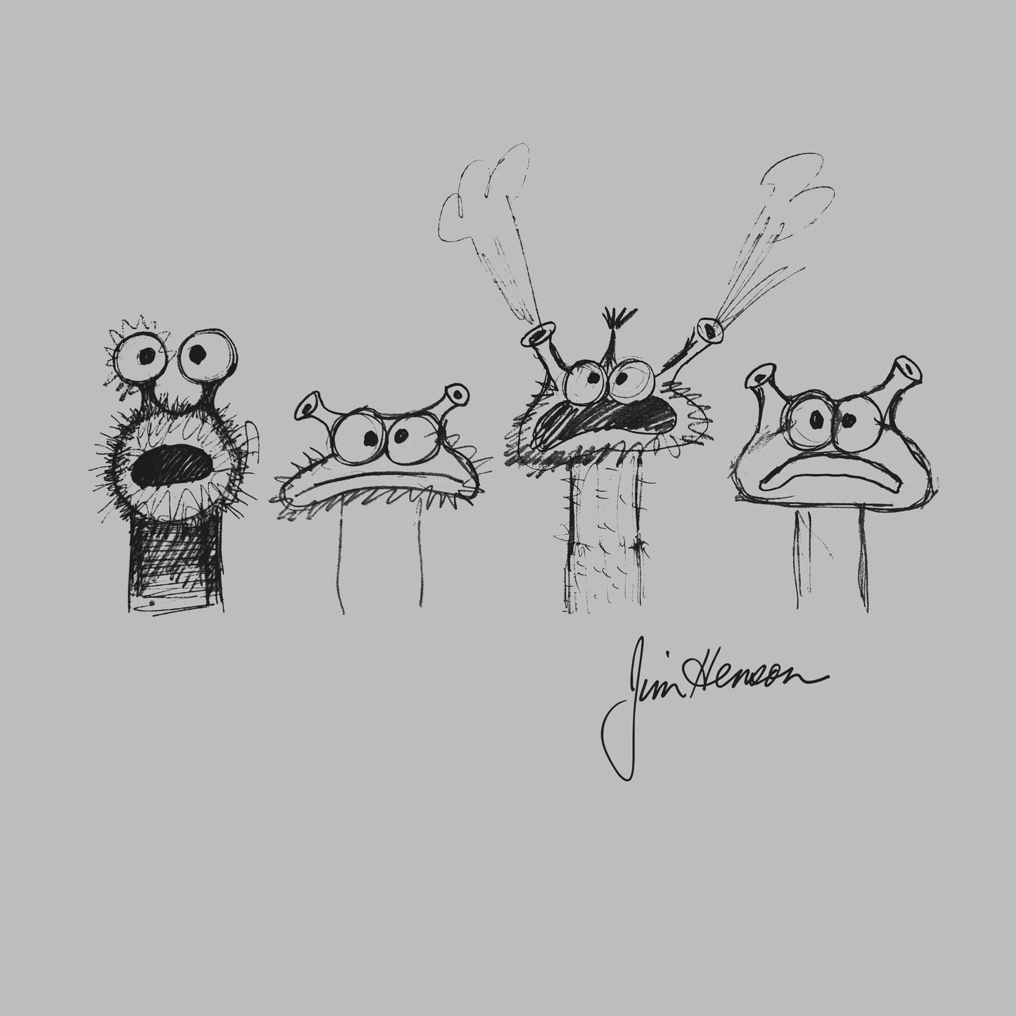 Premium Cotton T-shirt_TeeTurtle silver gray Jim Henson Signature Collection apparel featuring four sketches of muppet-like creatures with Jim Henson’s signature on the bottom righthand corner.