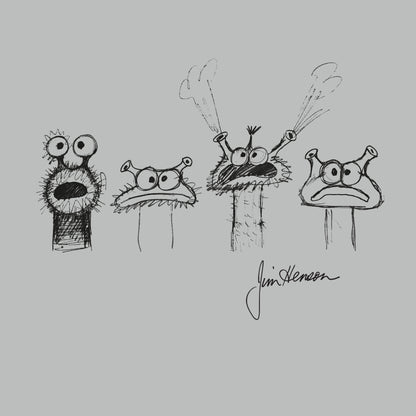 Premium Cotton T-shirt_TeeTurtle silver gray Jim Henson Signature Collection apparel featuring four sketches of muppet-like creatures with Jim Henson’s signature on the bottom righthand corner.