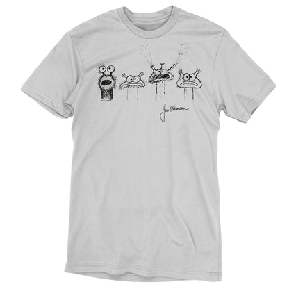 Premium Cotton T-shirt_TeeTurtle silver gray Jim Henson Signature Collection apparel featuring four sketches of muppet-like creatures with Jim Henson’s signature on the bottom righthand corner.