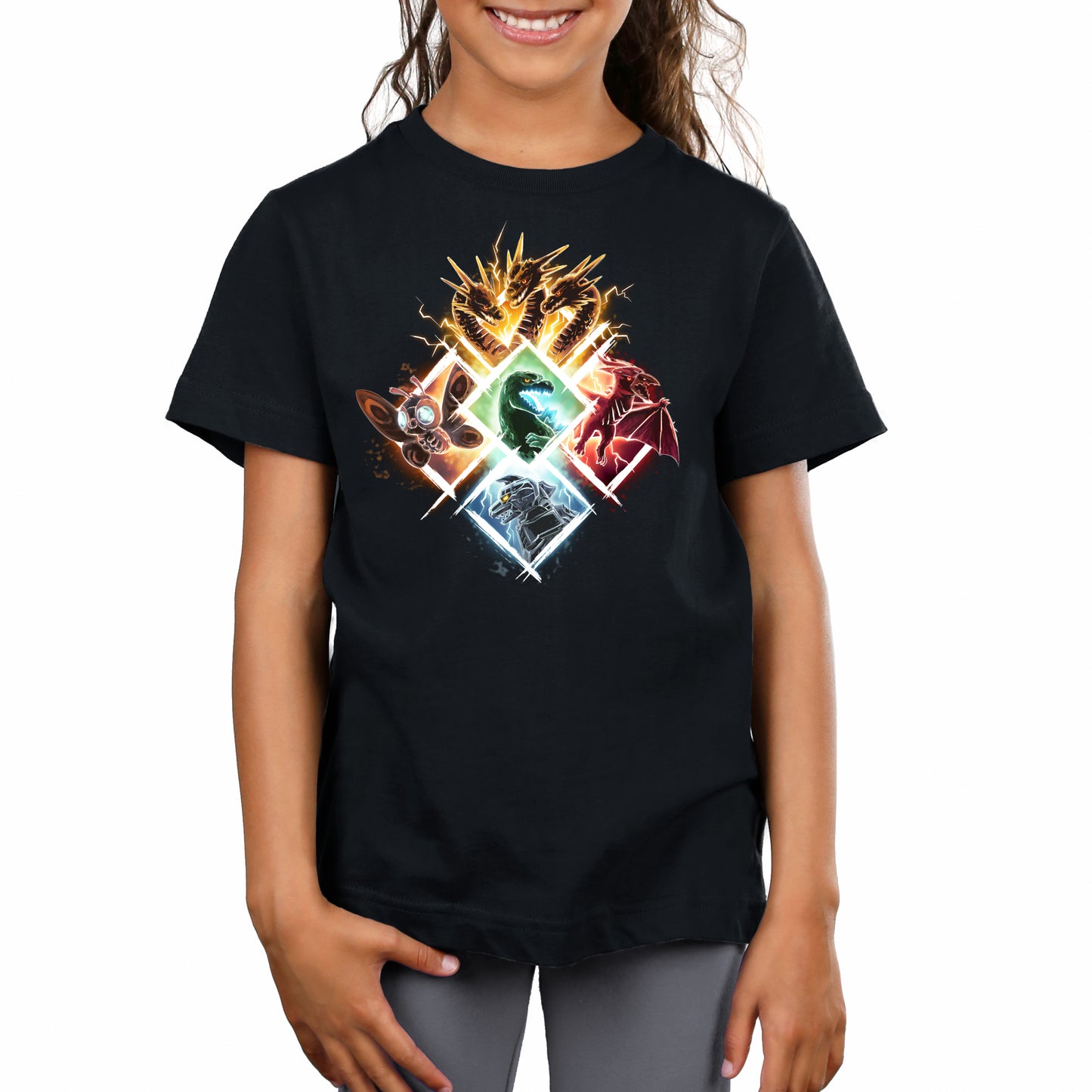 Premium Cotton T-shirt_TeeTurtle black Kaiju Vortex apparel featuring King Ghidorah, Mothra, Godzilla, Rodan, and Mechagodzilla in diamond-shaped frames grouped together to form a large diamond.